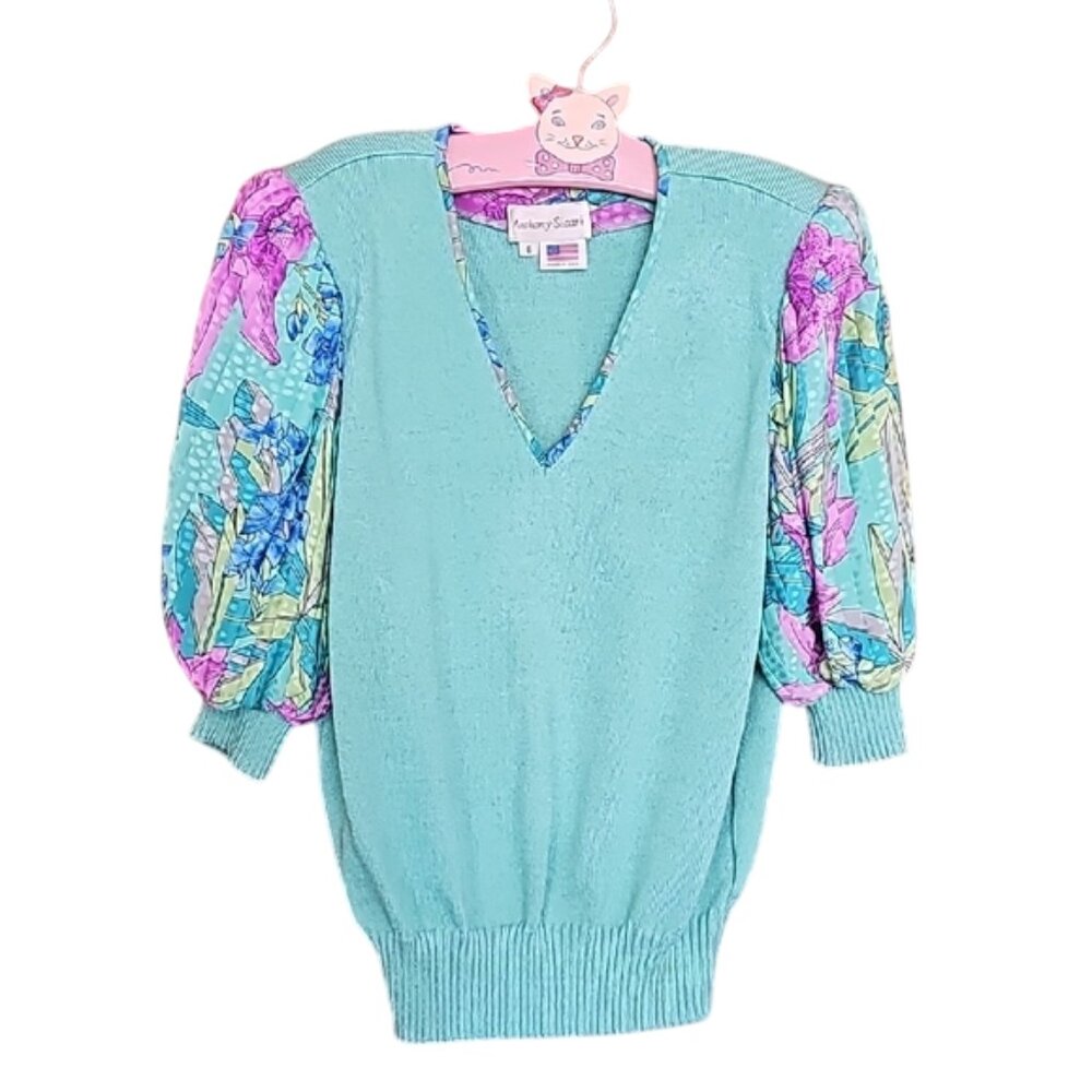 Vintage Anthony Sicari Mint Green Sweater with Floral puff  Sleeves Made in USA